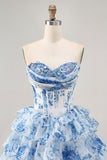 Sparkly White Blue Flower Corset A Line Short Cocktail Dress with Ruffles