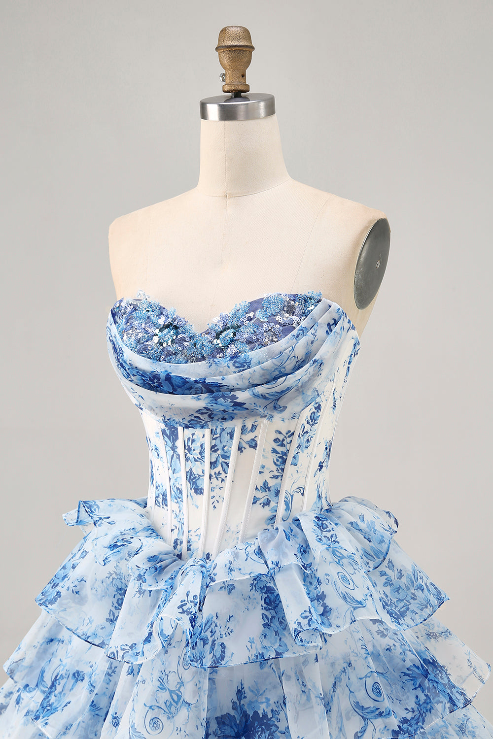 Sparkly White Blue Flower Corset A Line Short Cocktail Dress with Ruffles