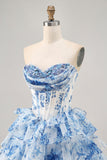 Sparkly White Blue Flower Corset A Line Short Cocktail Dress with Ruffles