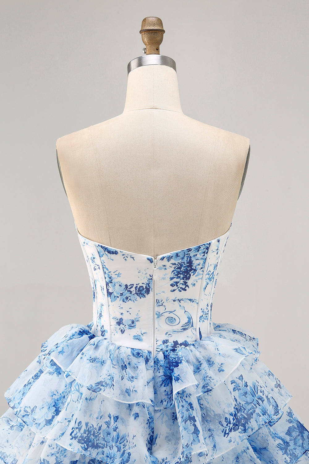 Sparkly White Blue Flower Corset A Line Short Cocktail Dress with Ruffles
