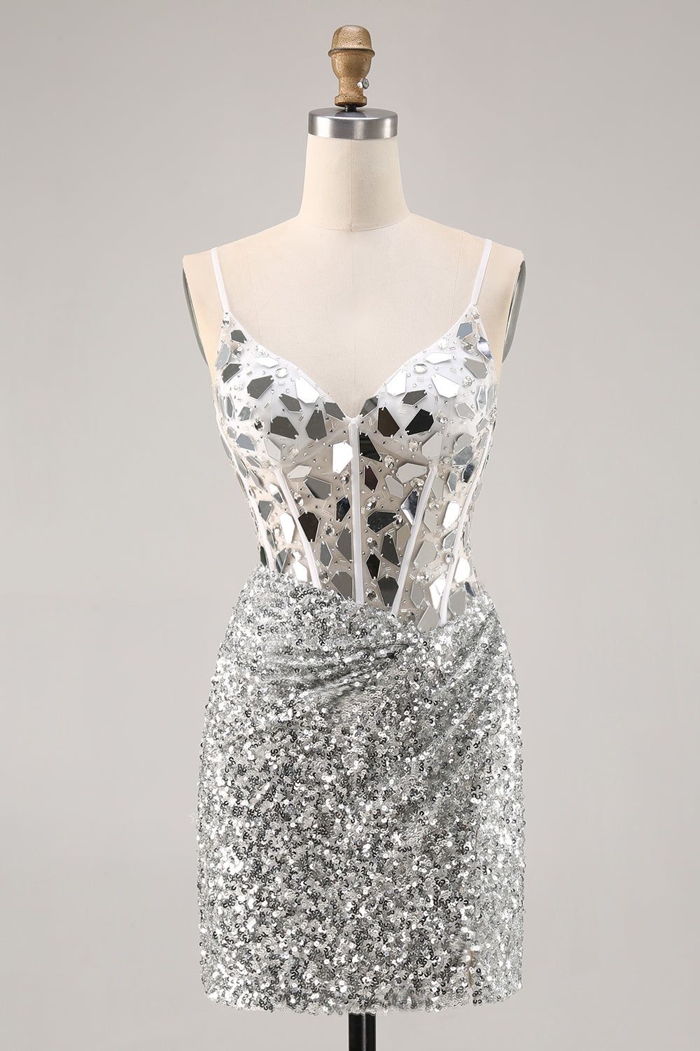 Sparkly Silver Sequins Corset Mini Prom Dress with Mirror