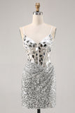 Sparkly Silver Sequins Corset Mini Prom Dress with Mirror