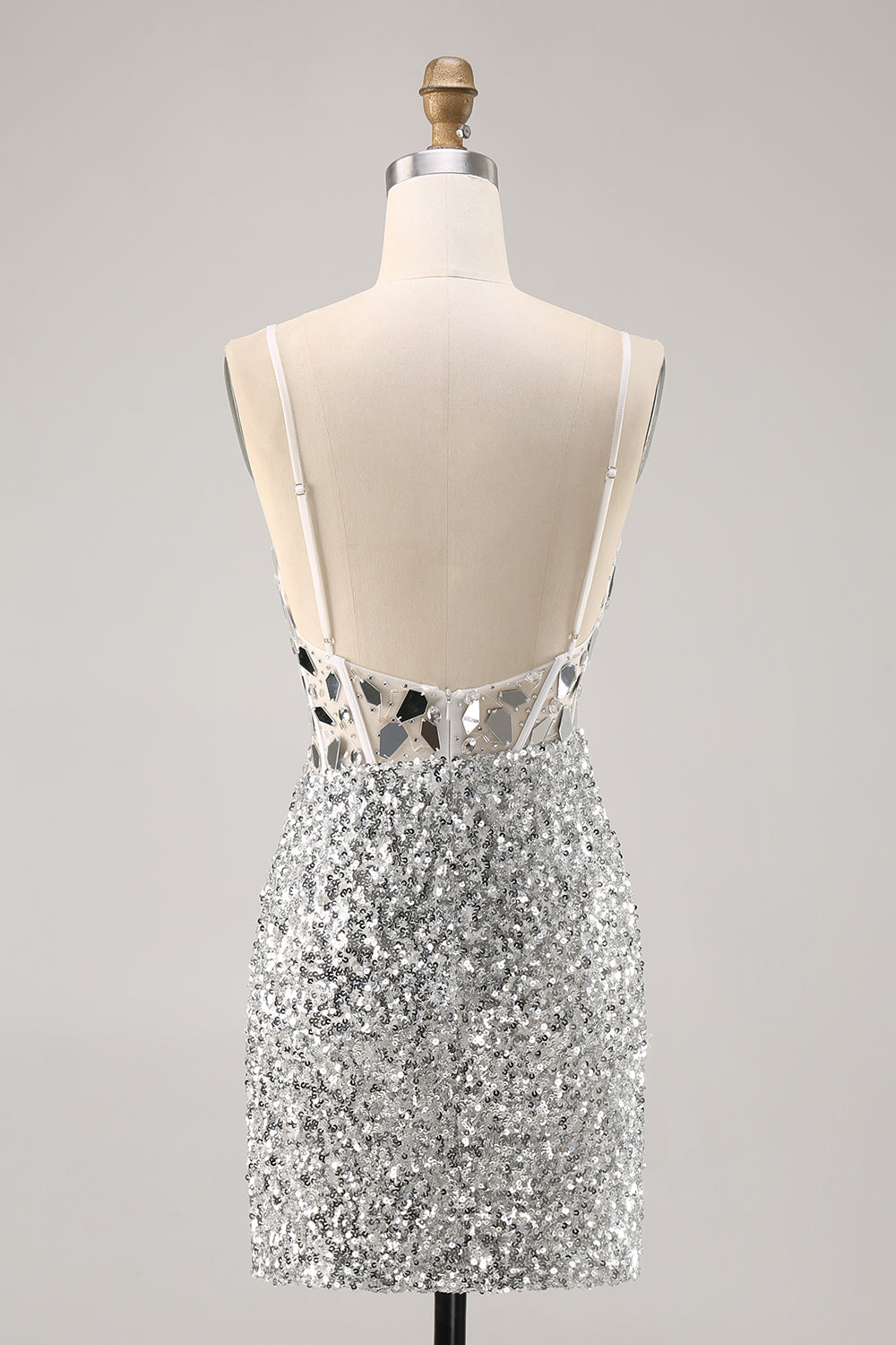 Sparkly Silver Sequins Corset Mini Prom Dress with Mirror