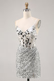 Sparkly Silver Sequins Corset Mini Prom Dress with Mirror