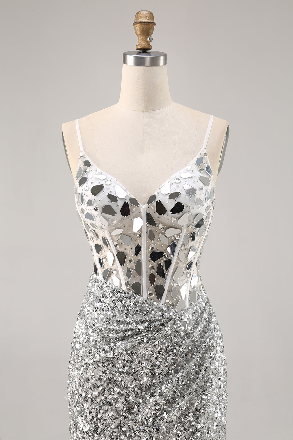 Sparkly Silver Sequins Corset Mini Prom Dress with Mirror