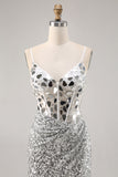 Sparkly Silver Sequins Corset Mini Prom Dress with Mirror