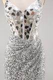 Sparkly Silver Sequins Corset Mini Prom Dress with Mirror
