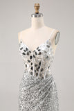 Sparkly Silver Sequins Corset Mini Prom Dress with Mirror