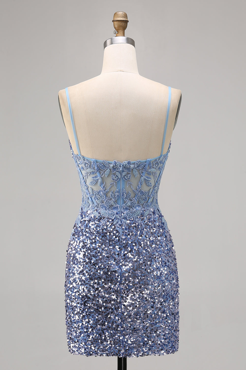 Sparkly Grey Blue Corset Sequins Tight Mini Prom Dress with Slit