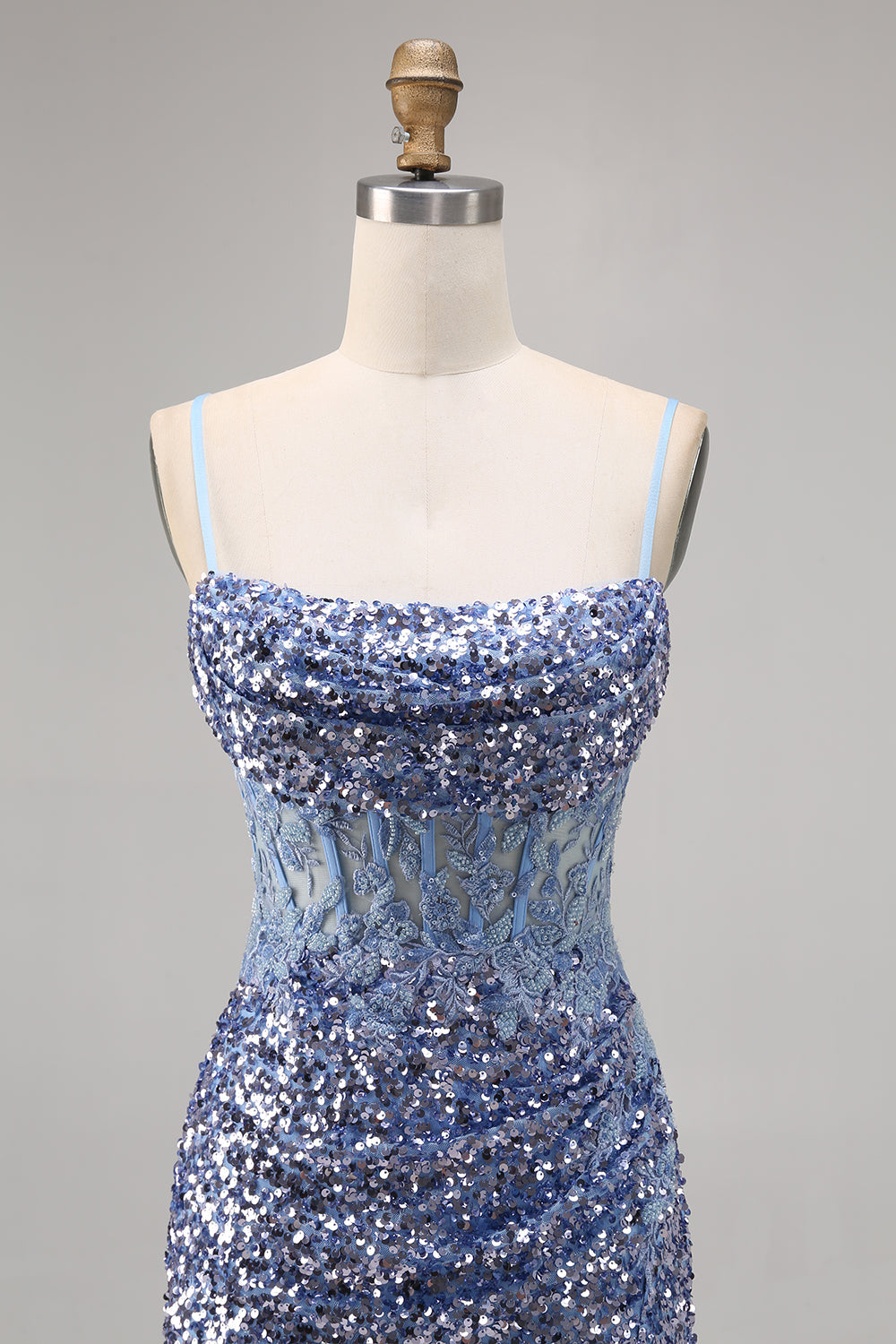 Sparkly Grey Blue Corset Sequins Tight Mini Prom Dress with Slit