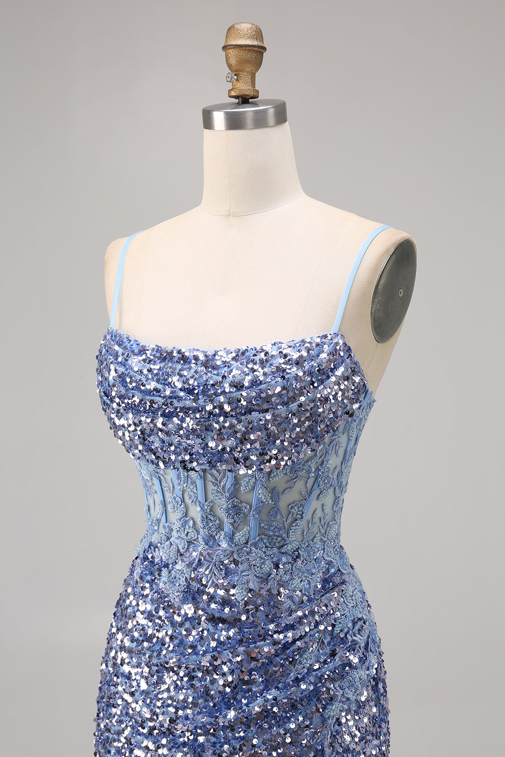 Sparkly Grey Blue Corset Sequins Tight Mini Prom Dress with Slit
