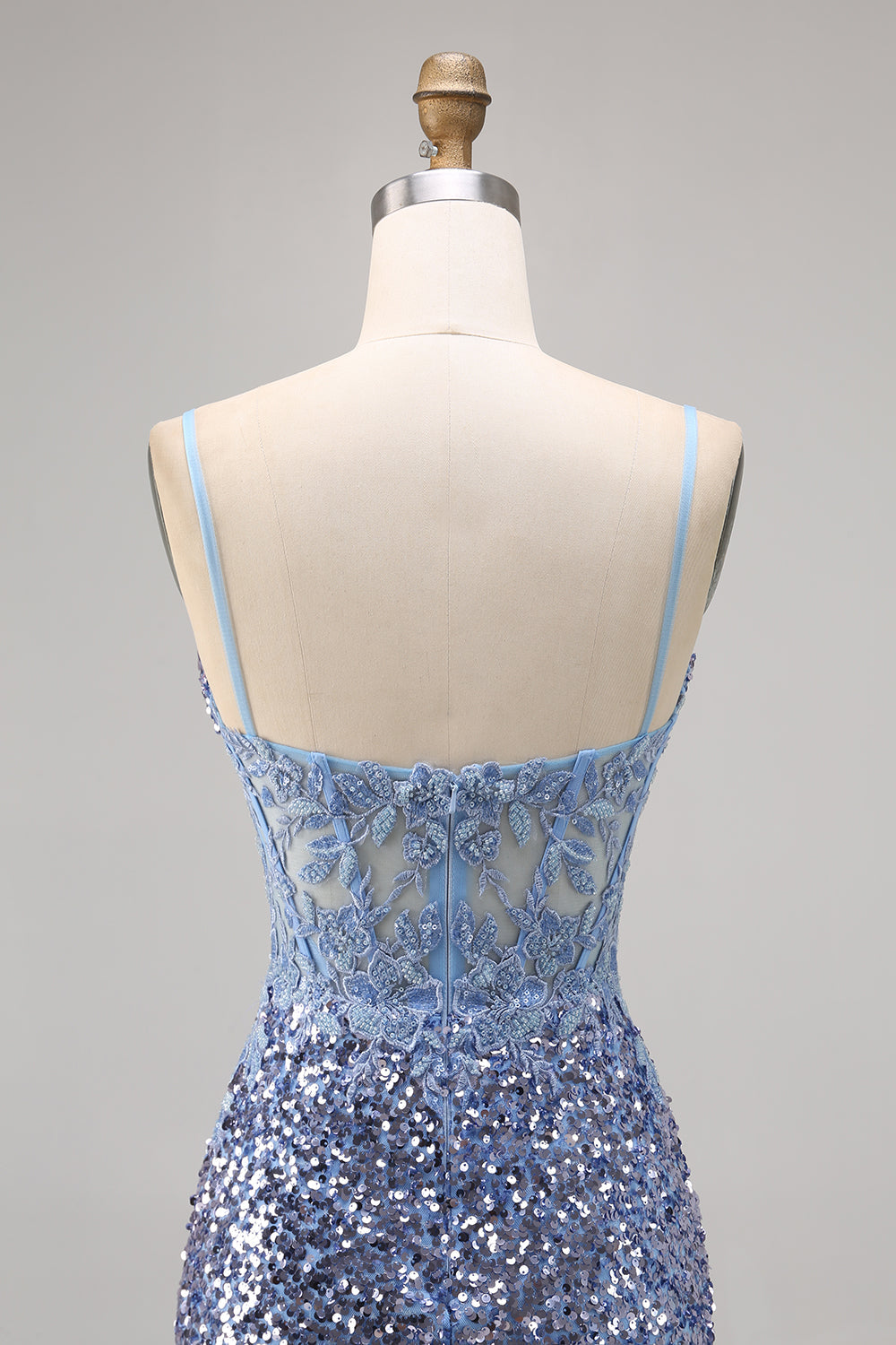 Sparkly Grey Blue Corset Sequins Tight Mini Prom Dress with Slit