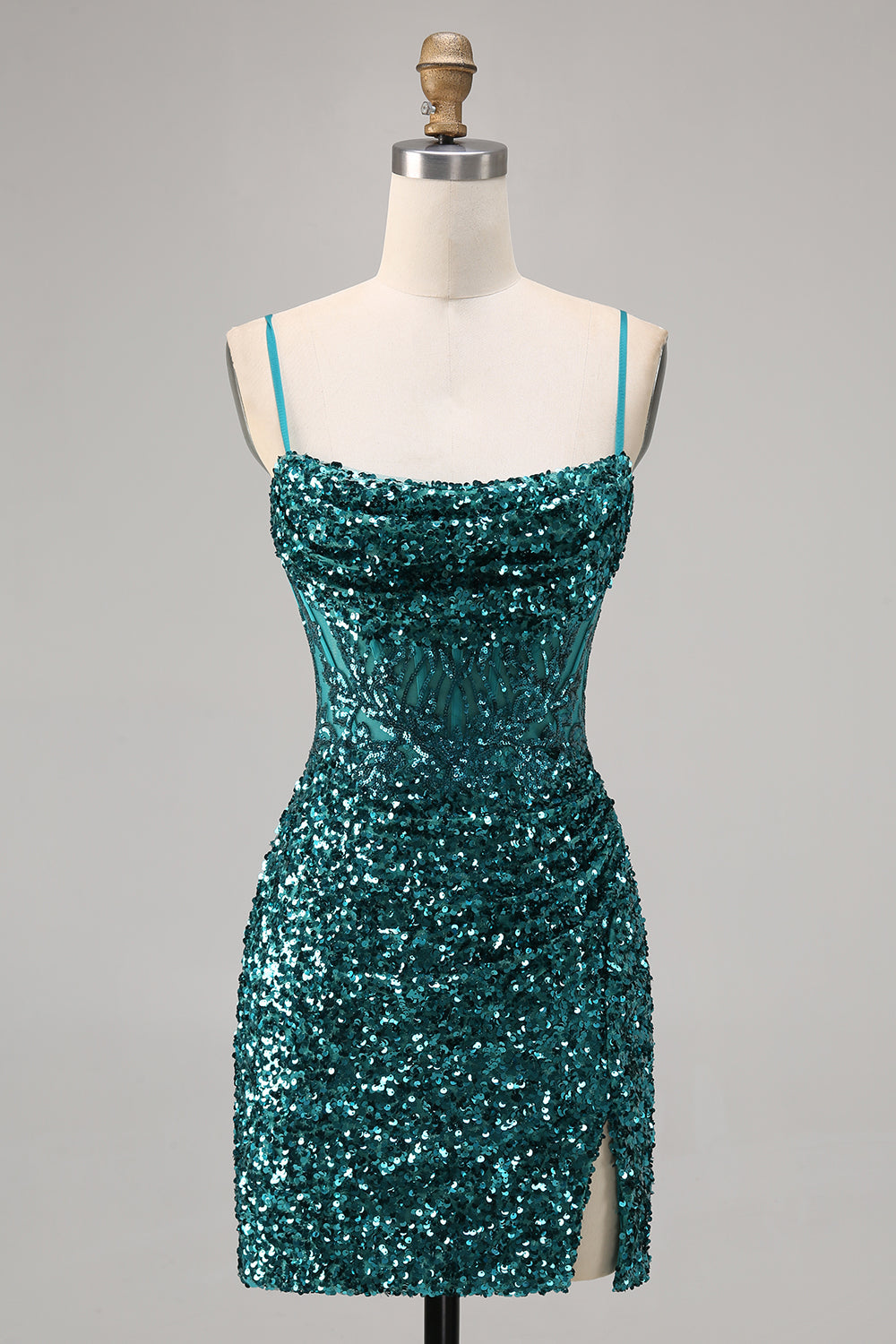 Sparkly Grey Blue Corset Sequins Tight Mini Prom Dress with Slit