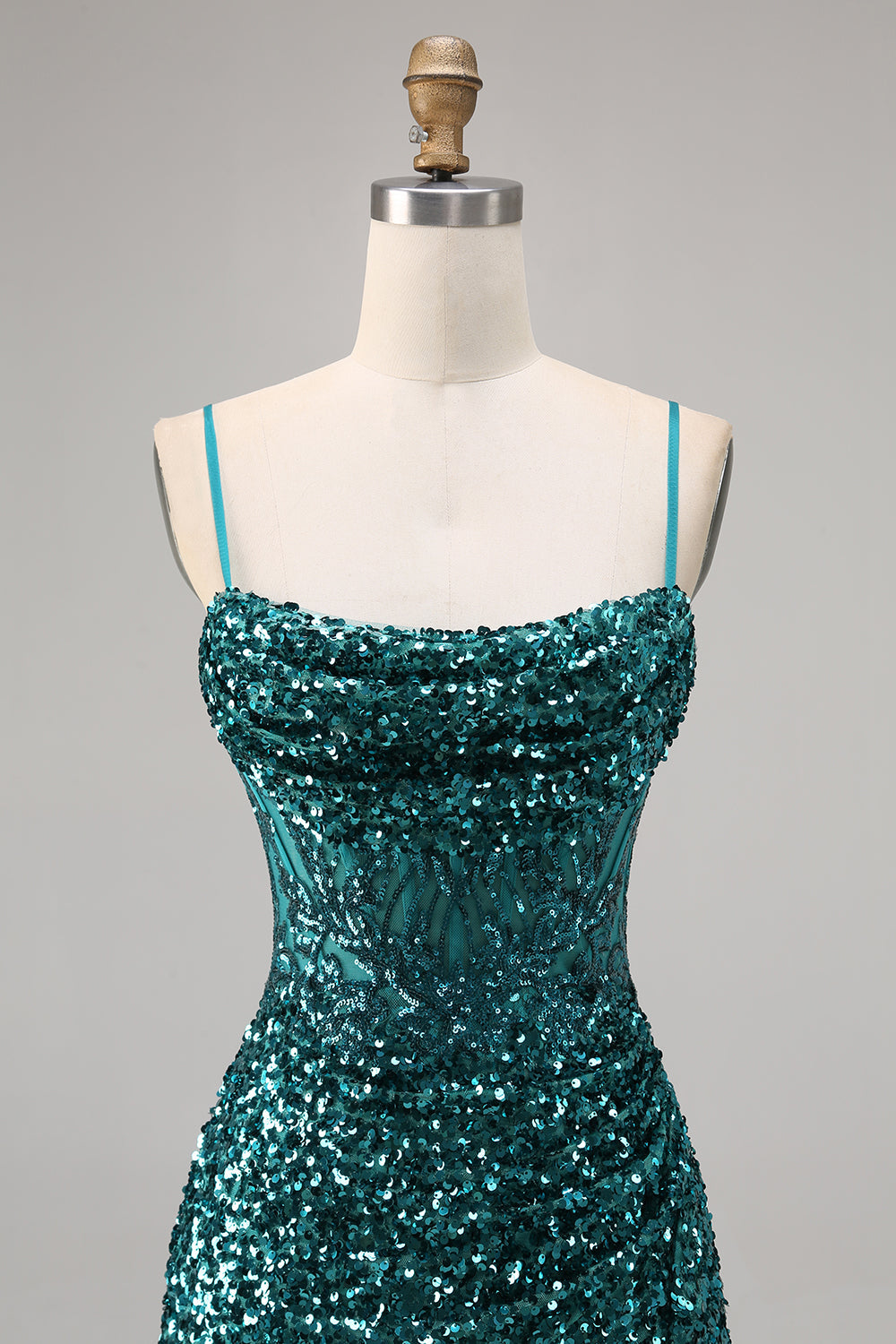 Sparkly Grey Blue Corset Sequins Tight Mini Prom Dress with Slit