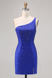 Sparkly Royal Blue One Shoulder Tight Short Prom Dress with Rhinestones