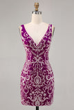 Sparkly Fuchsia V-Neck Tight Backless Mini Prom Dress with Beading