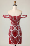 Sparkly Red Off the Shoulder Tight Mini Prom Dress with Beading