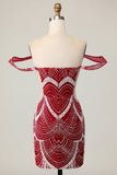Sparkly Red Off the Shoulder Tight Mini Prom Dress with Beading