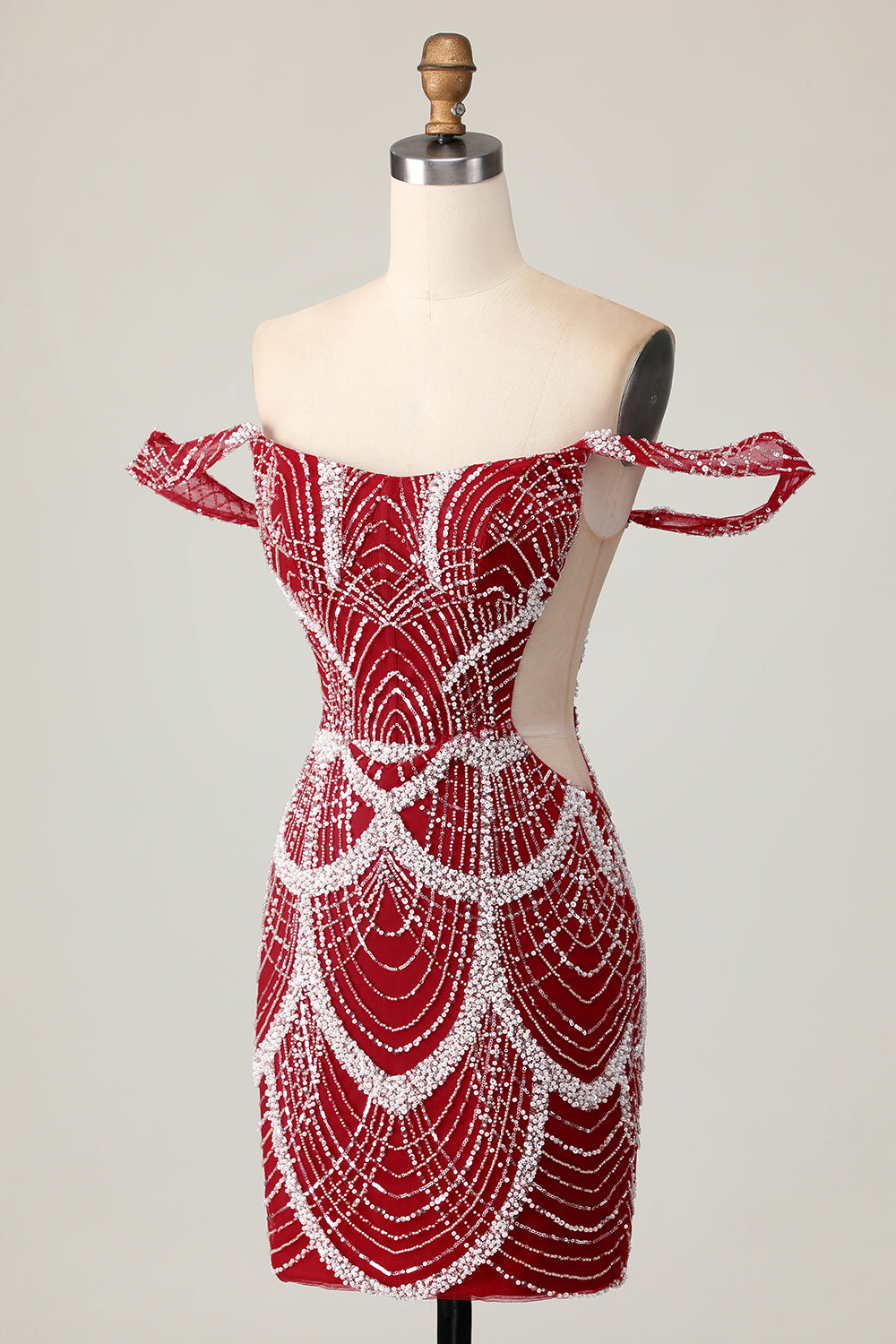 Sparkly Red Off the Shoulder Tight Mini Prom Dress with Beading