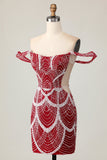 Sparkly Red Off the Shoulder Tight Mini Prom Dress with Beading