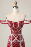 Sparkly Red Off the Shoulder Tight Mini Prom Dress with Beading