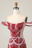 Sparkly Red Off the Shoulder Tight Mini Prom Dress with Beading