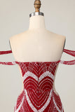 Sparkly Red Off the Shoulder Tight Mini Prom Dress with Beading