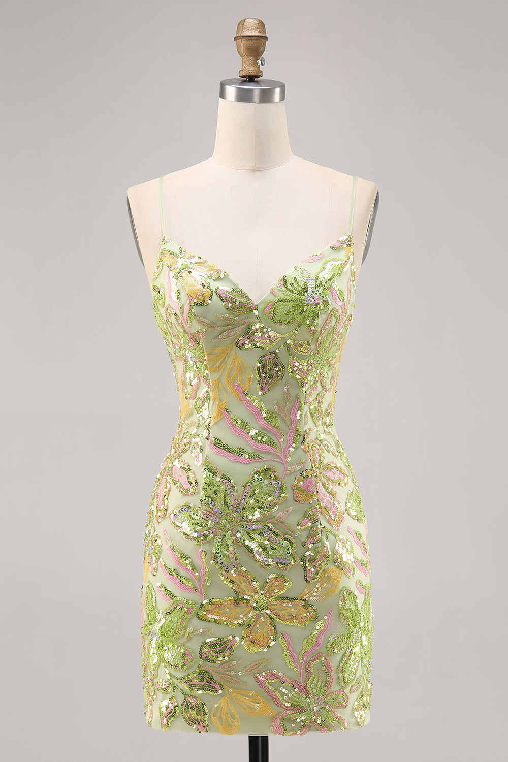 Sparkly Green Spaghetti Straps Mini Sequin Floral Tight Prom Dress