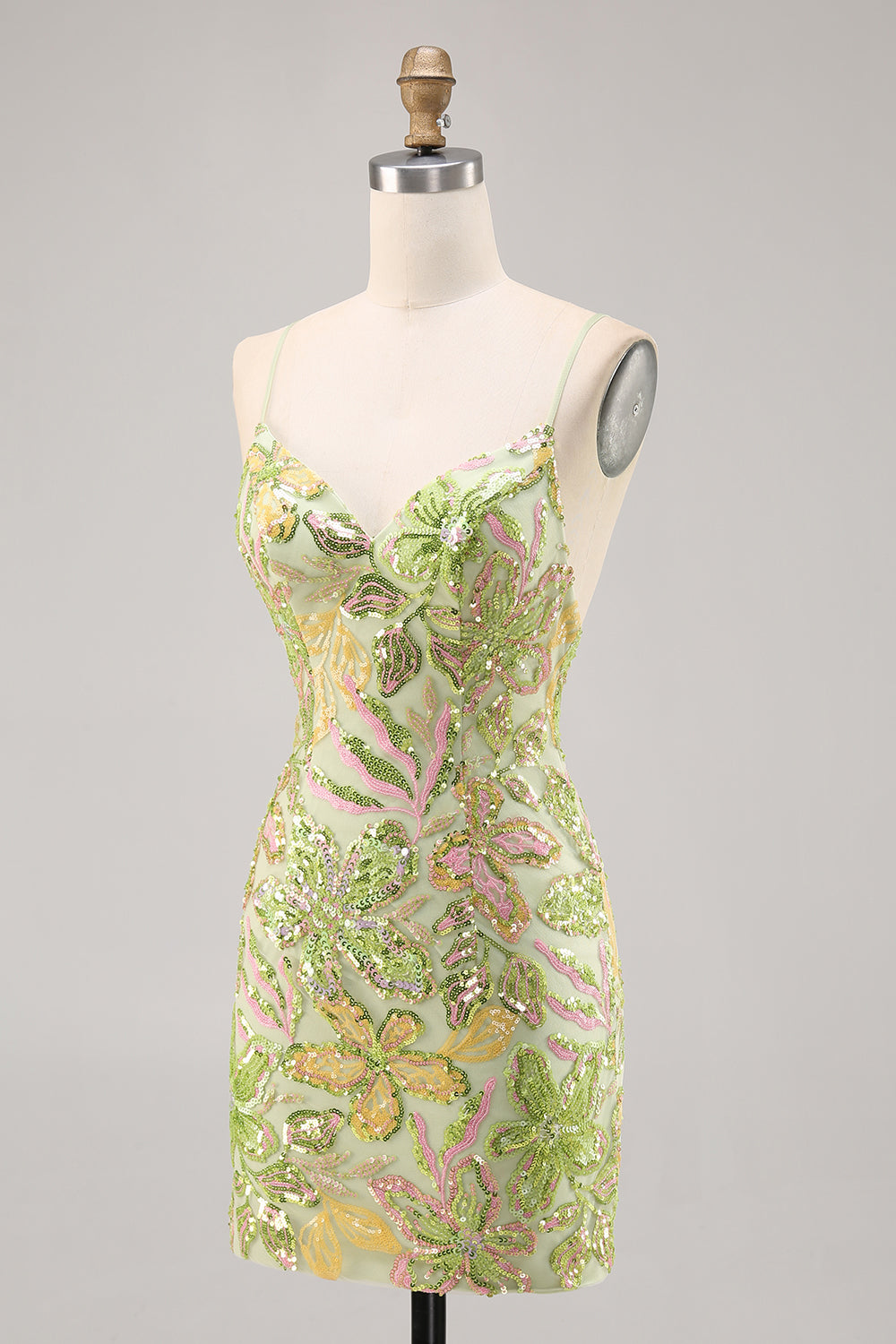 Sparkly Green Spaghetti Straps Mini Sequin Floral Tight Prom Dress