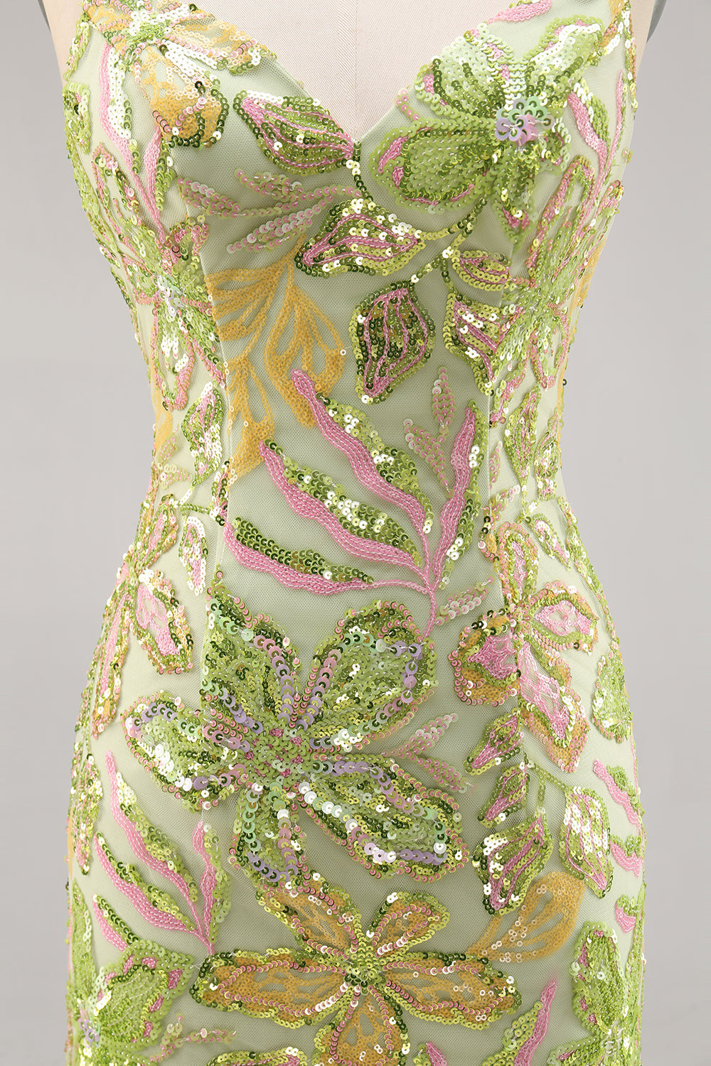 Sparkly Green Spaghetti Straps Mini Sequin Floral Tight Prom Dress