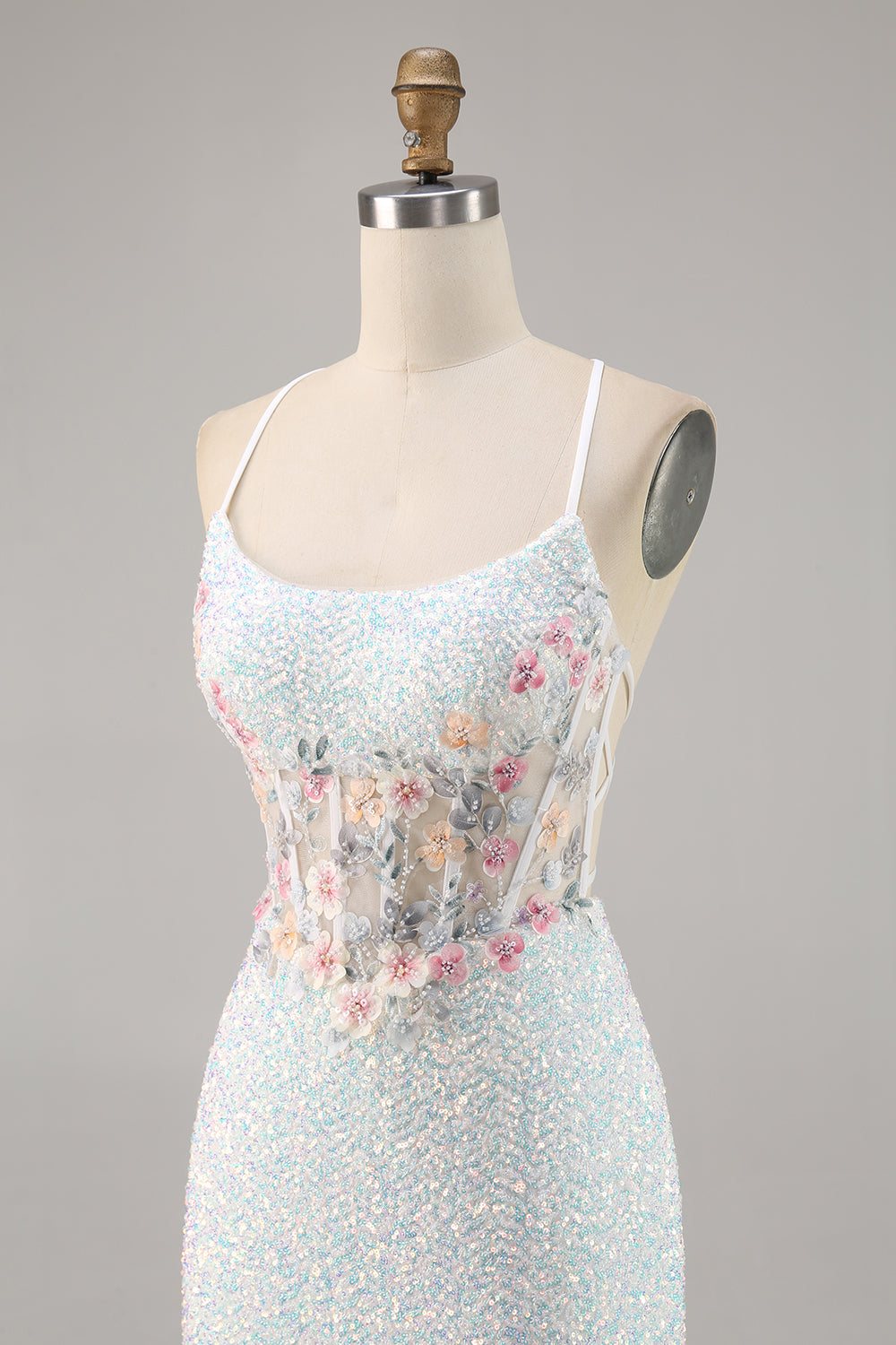 Sparky White Corset Floral Tight Short Prom Dress with Sequins