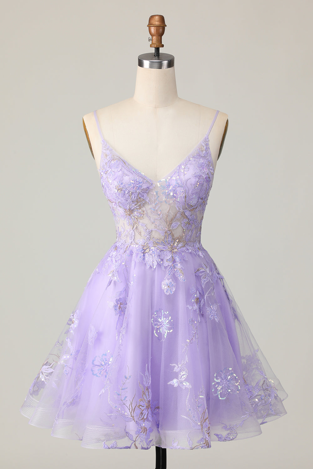 Sparkly Purple A Line Short Floral Prom Dress with Sequins