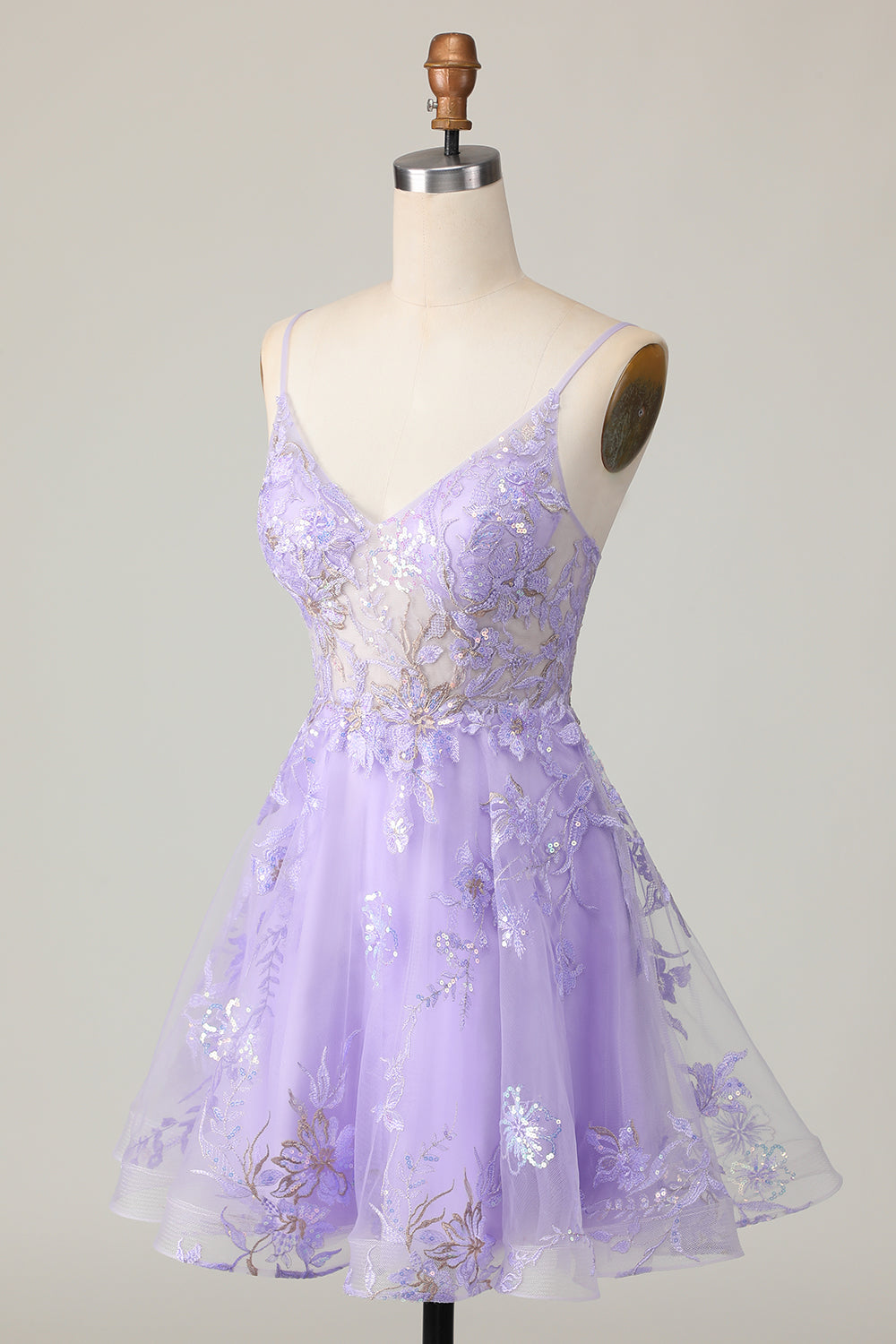 Sparkly Purple A Line Short Floral Prom Dress with Sequins