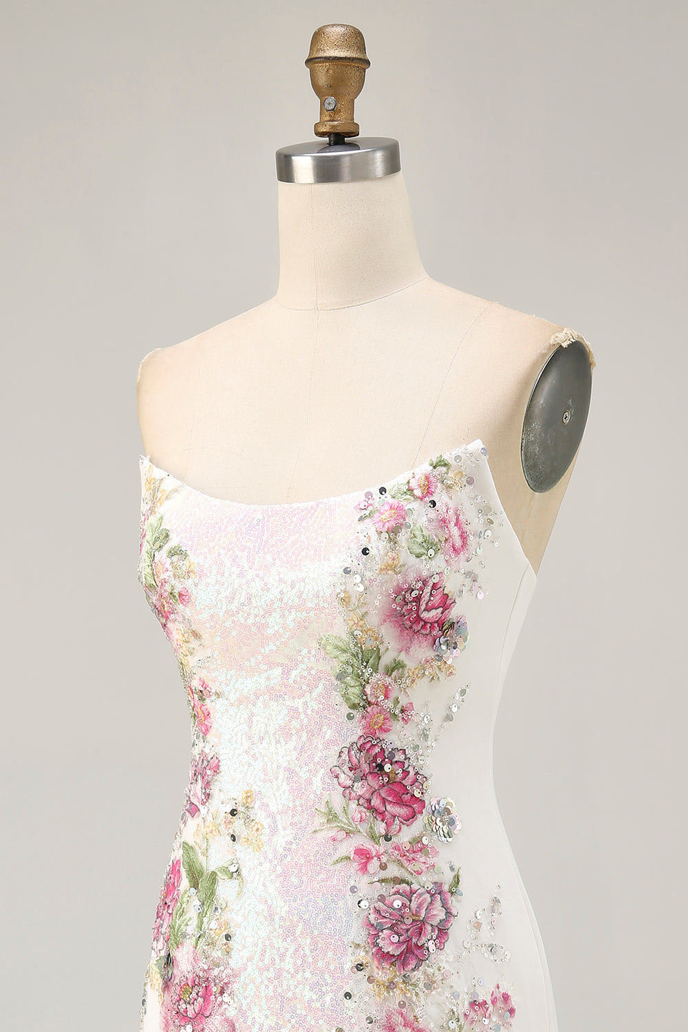 Sparkly White Strapless Short Tight Floral Cocktail Dress with Sequins