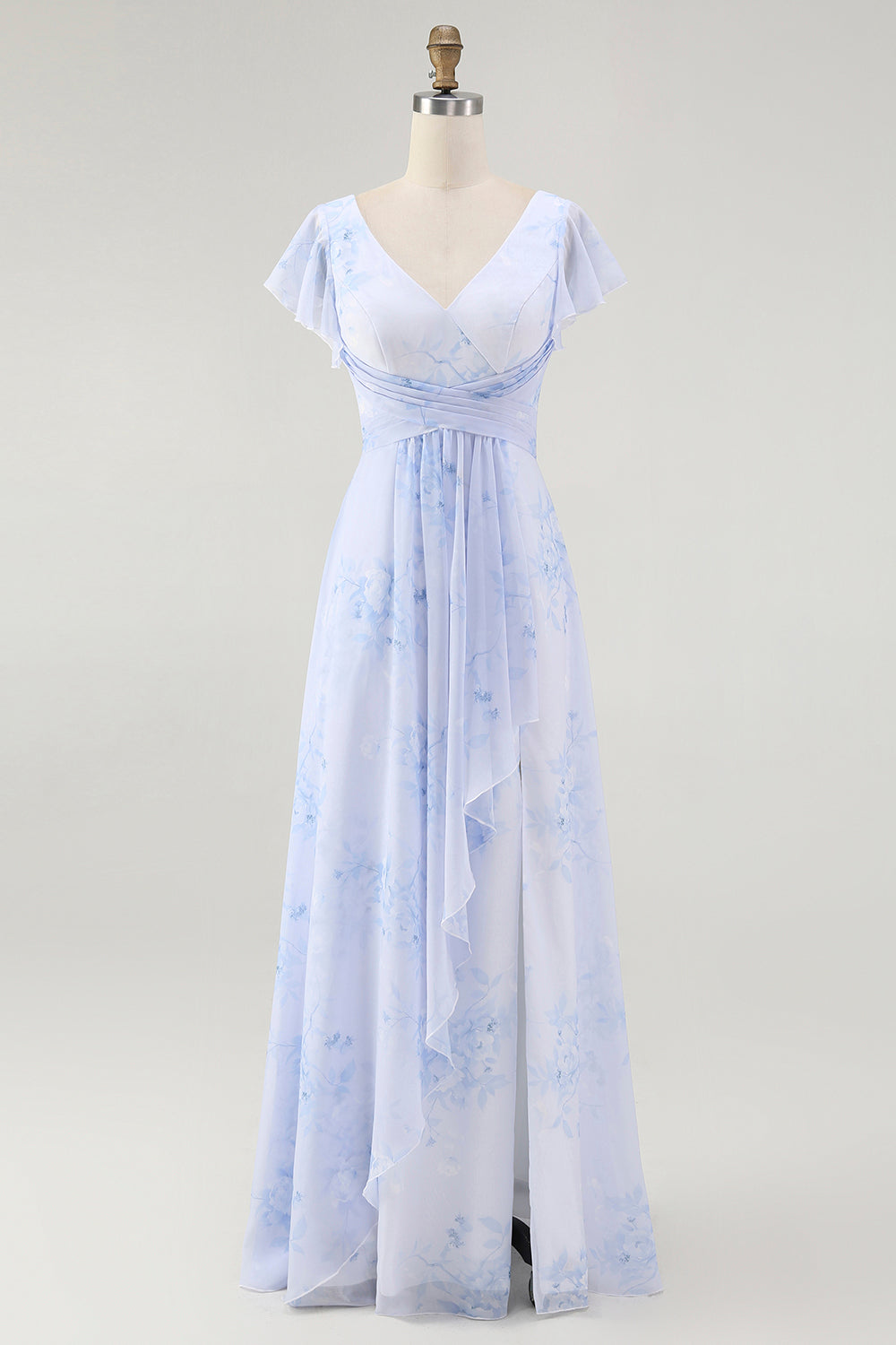 Blue Chiffon A Line Floral V-Neck Long Wedding Guest Dress with Sleeves
