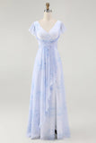 Blue Chiffon A Line Floral V-Neck Long Wedding Guest Dress with Sleeves