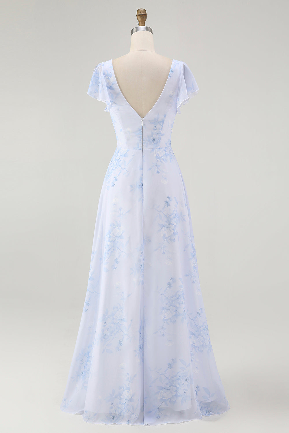 Blue Chiffon A Line Floral V-Neck Long Wedding Guest Dress with Sleeves