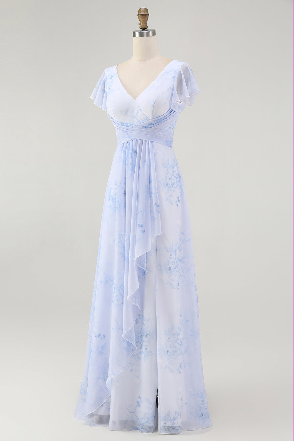 Blue Chiffon A Line Floral V-Neck Long Wedding Guest Dress with Sleeves