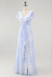 Blue Chiffon A Line Floral V-Neck Long Wedding Guest Dress with Sleeves