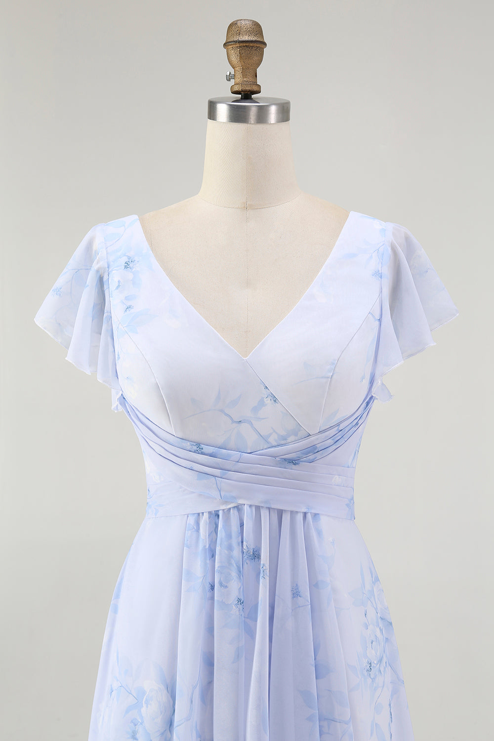 Blue Chiffon A Line Floral V-Neck Long Wedding Guest Dress with Sleeves