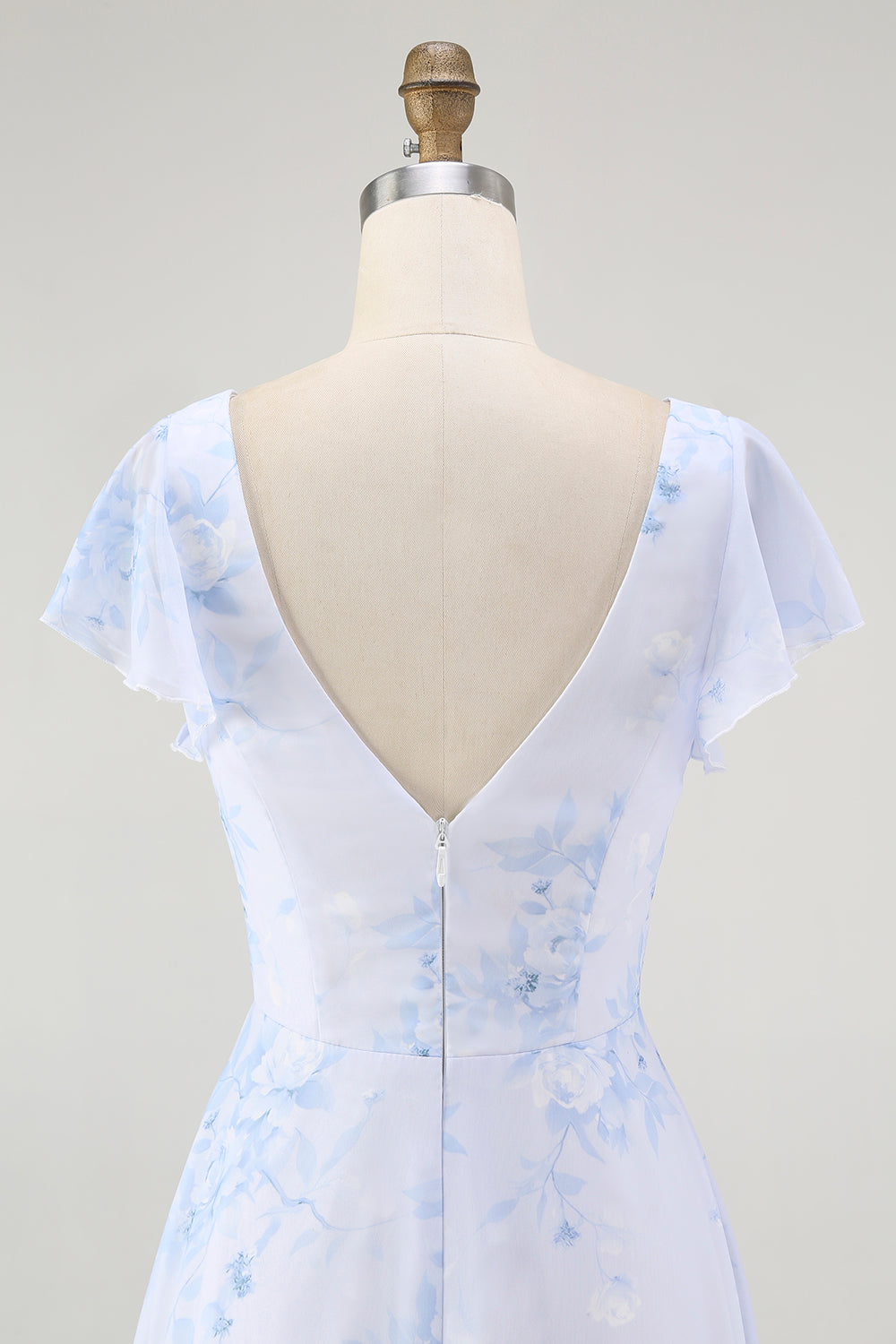 Blue Chiffon A Line Floral V-Neck Long Wedding Guest Dress with Sleeves