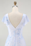Blue Chiffon A Line Floral V-Neck Long Wedding Guest Dress with Sleeves