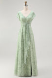 Blue Chiffon A Line Floral V-Neck Long Wedding Guest Dress with Sleeves