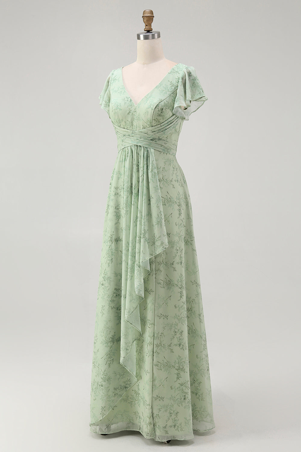 Blue Chiffon A Line Floral V-Neck Long Wedding Guest Dress with Sleeves