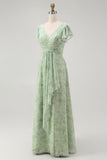 Blue Chiffon A Line Floral V-Neck Long Wedding Guest Dress with Sleeves