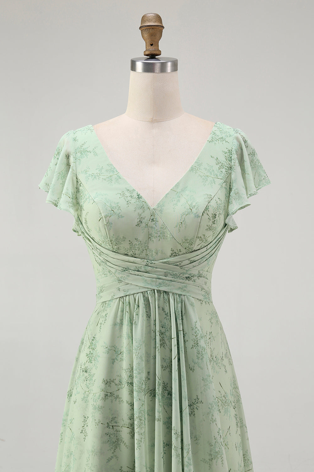 Blue Chiffon A Line Floral V-Neck Long Wedding Guest Dress with Sleeves