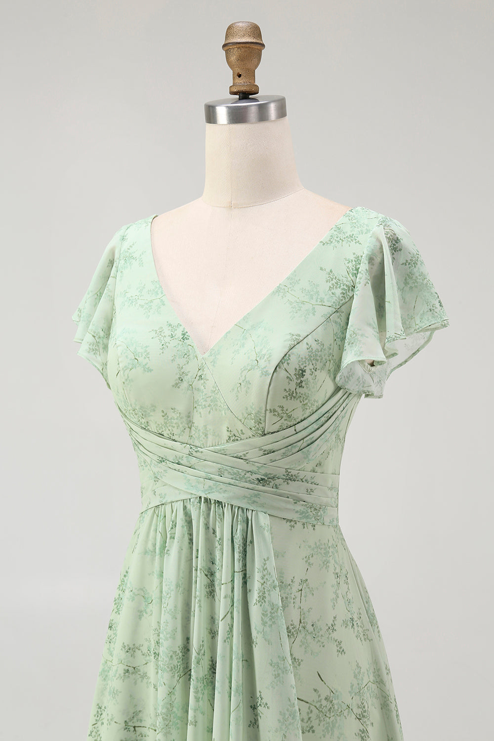 Blue Chiffon A Line Floral V-Neck Long Wedding Guest Dress with Sleeves