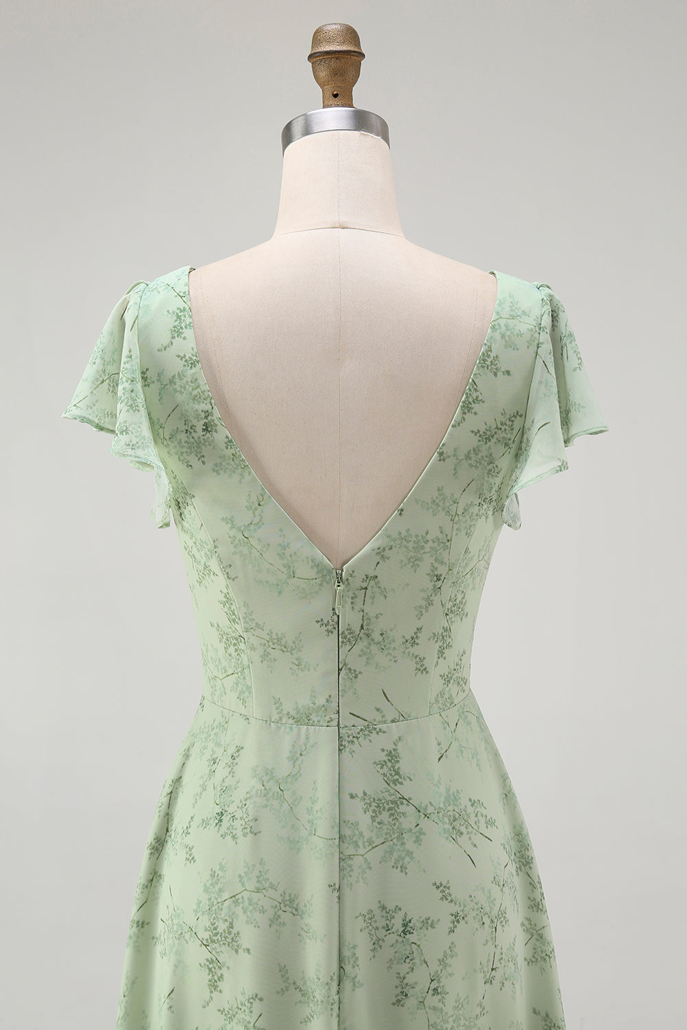 Blue Chiffon A Line Floral V-Neck Long Wedding Guest Dress with Sleeves