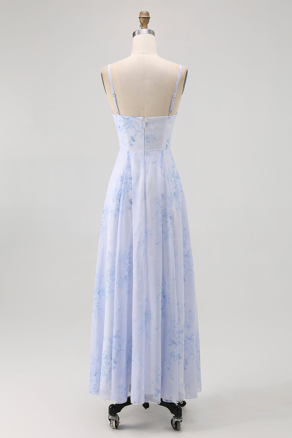 Dusty Sage Spaghetti Straps Chiffon A-Line Long Floral Wedding Guest Dress