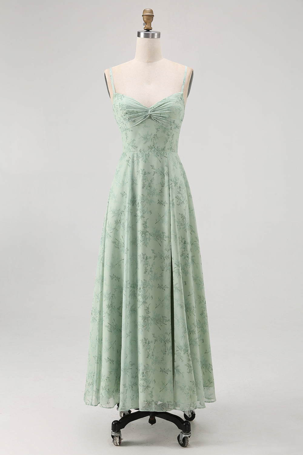 Dusty Sage Spaghetti Straps Chiffon A-Line Long Floral Wedding Guest Dress